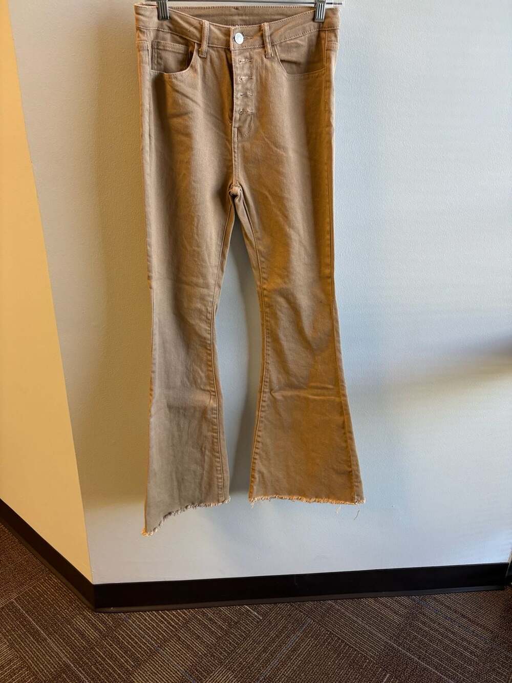 Jeans Beige High Rise Button Fly Frayed Flare Size S